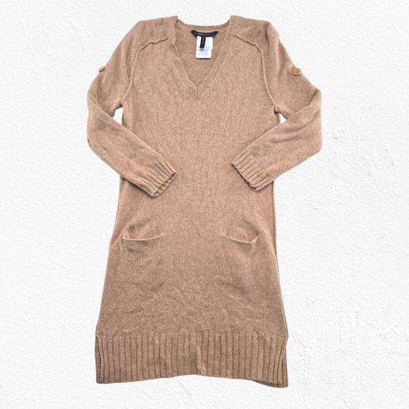 BCBGMAXAZRIA Wool Yak Sweater Dress Vicuna Roll Tab Sleeves Pockets Cozy Size XS - Picture 2 of 14